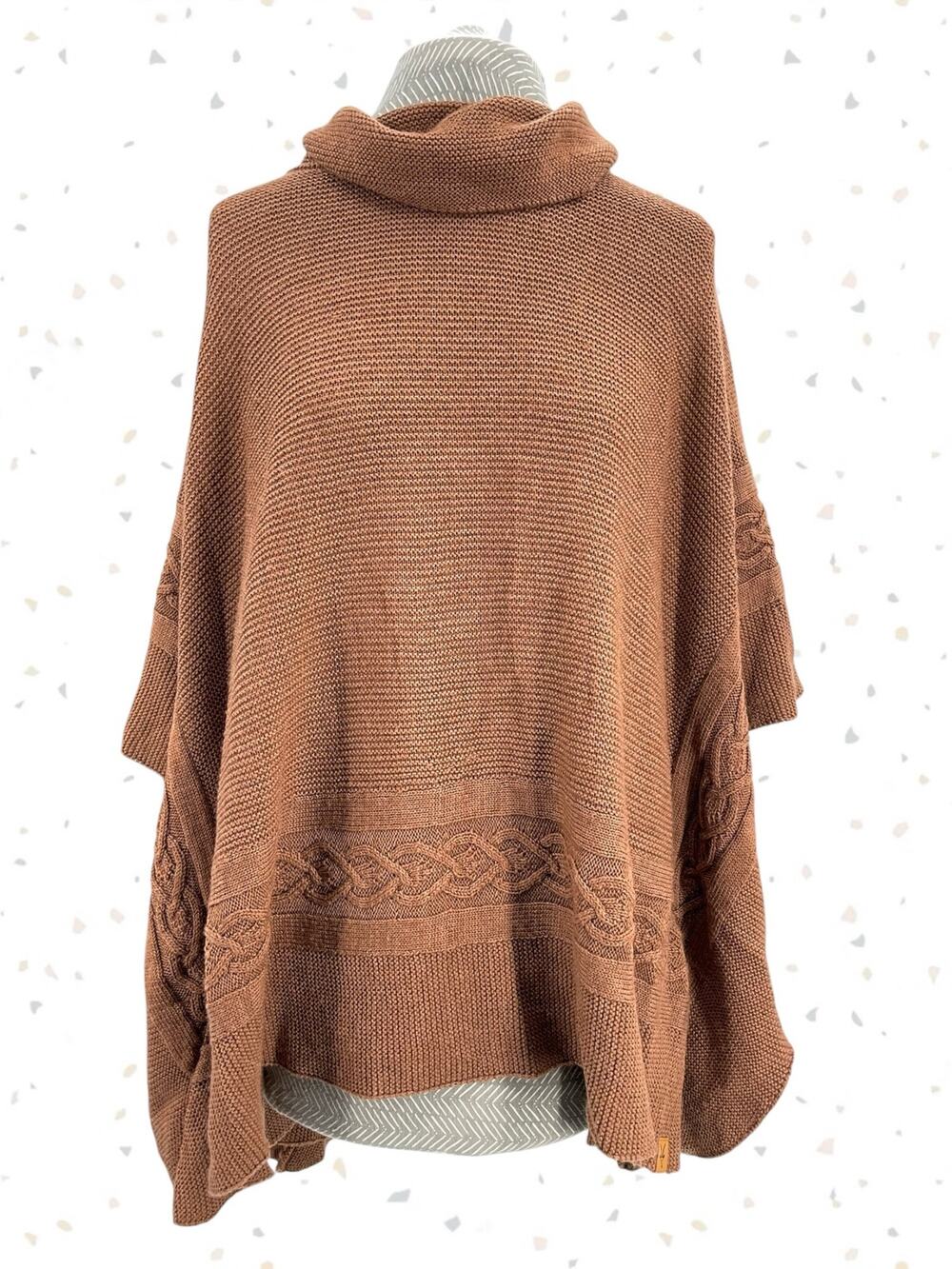 Ibex Symphony 100% Merino Wool Knit Sweater Poncho Pullover Caramel Tan Cable OS